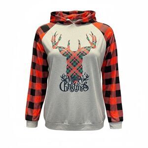 NWT Fosoul Women’s Red Black Gray Plaid Christmas Holiday Reindeer Hoodie Size S